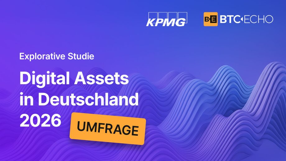 Krypto-Studie 2026 von KPMG und BTC-ECHO mit digitaler Wellen-Grafik und Umfrage-Hinweis.