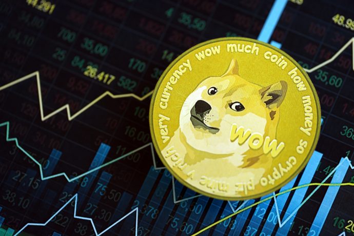 Dogecoin-Münze auf Chartbild