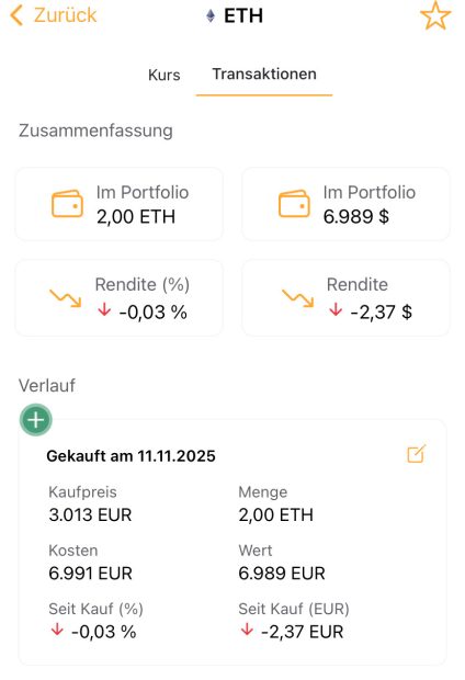 Screenshot einer Portfoliozusammenfassung mit 2,00 ETH, aktueller Wert 6.989 €, was einen leichten Verlust bedeutet. Die Transaktionshistorie zeigt den Kauf von 2,00 ETH zu je 3.013 €.