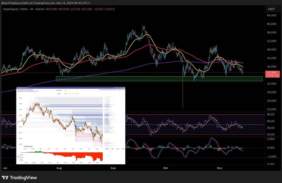 Ein Hyperliquid-Kursdiagramm für Kryptowährungen mit gleitenden Durchschnitten, RSI- und MACD-Indikatoren sowie einem Bild mit einem hervorgehobenen Kurs- und Volumendiagramm.