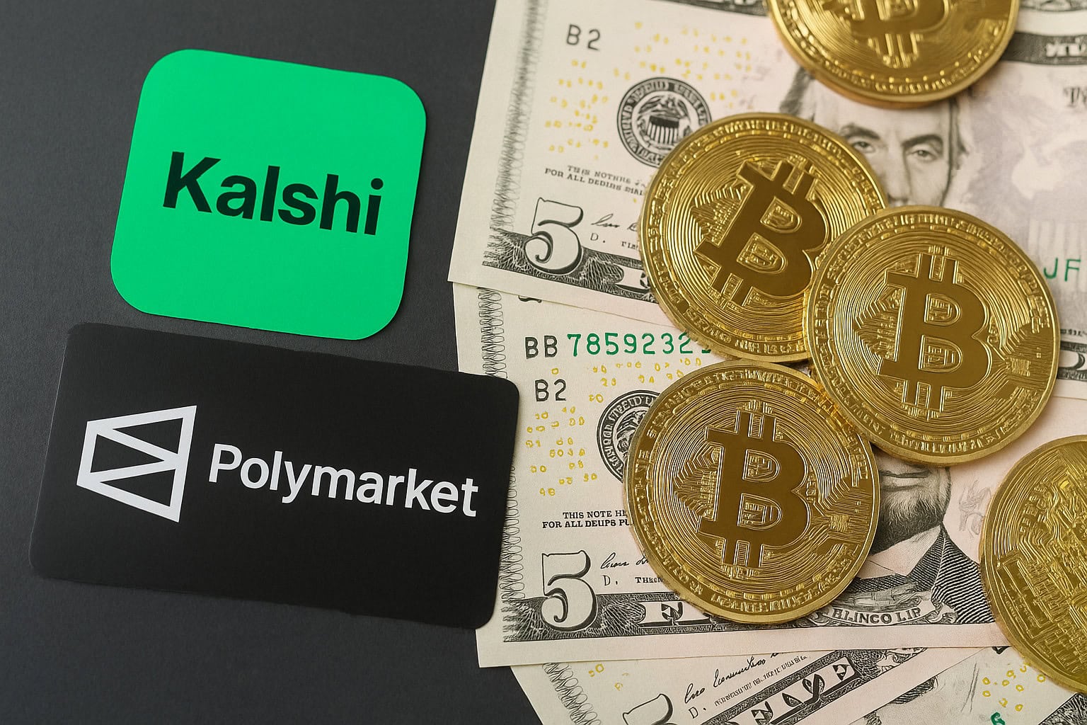 Die Logos von Kalshi und Polymarket sind neben mehreren goldenen Bitcoin-Token, Krypto-Münzen und ausgebreiteten US-Fünf-Dollar-Scheinen auf einer ebenen Fläche ausgestellt.