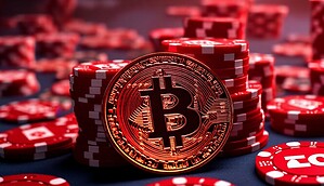 Eine Bitcoin-Münze vor gestapelten roten Pokerchips auf einem Casino-Tisch symbolisiert das Zusammenspiel von Kryptowährungen und Glücksspiel.