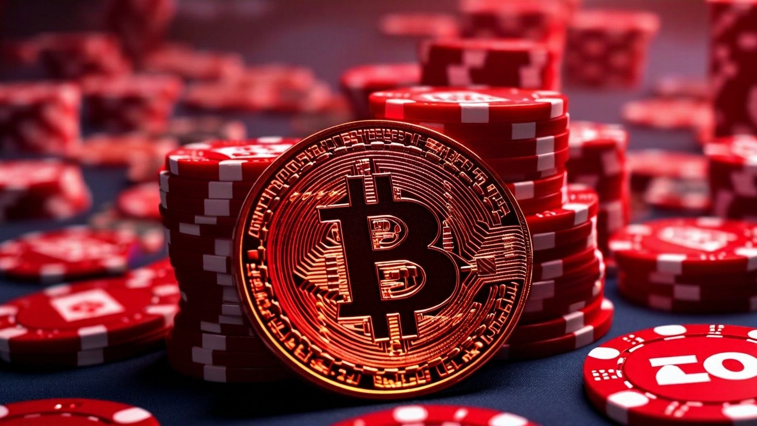 Eine Bitcoin-Münze vor gestapelten roten Pokerchips auf einem Casino-Tisch symbolisiert das Zusammenspiel von Kryptowährungen und Glücksspiel.