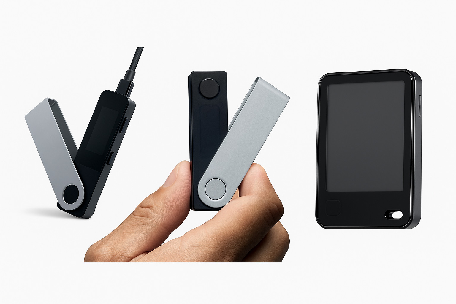 Es werden drei verschiedene Hardware-Geldbörsen für Kryptowährungen gezeigt: eine Ledger Nano, die eingesteckt ist, eine, die in der Hand gehalten wird, und eine, die allein mit einem Touchscreen-Display steht.