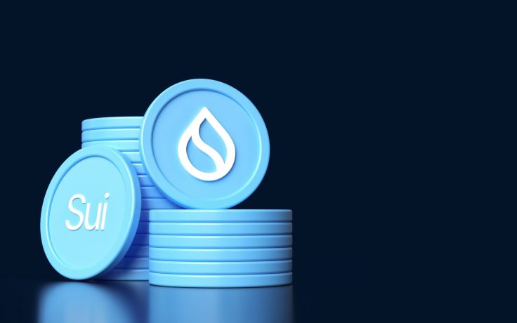 Ein Stapel blauer Jetons, einige mit einem Tröpfchenlogo und andere mit der Aufschrift SUI", ist vor einem dunklen Hintergrund angeordnet und hebt das eindeutige Branding des SUI-Ökosystems hervor.