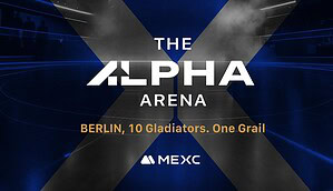 Eine düstere Werbegrafik lautet: Alpha Arena Berlin: 10 Traders. Ein Gral. Das MEXC-Logo befindet sich am unteren Rand.