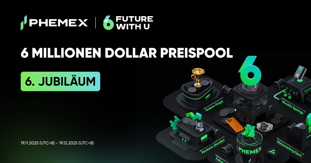 Phemex feiert 6. Jubiläum mit 6-Millionen-Dollar-Preispool – Eventgrafik mit Logo, Jubiläumszahl und Kampagnenelementen