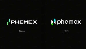 Gegenüberstellung der Phemex-Logos: das neue Logo auf der linken Seite mit fetter weißer Schrift und das alte Logo auf der rechten Seite mit grünem und blauem Icon - das zeigt die Markenentwicklung auf einen Blick.