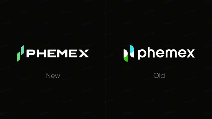 Gegenüberstellung der Phemex-Logos: das neue Logo auf der linken Seite mit fetter weißer Schrift und das alte Logo auf der rechten Seite mit grünem und blauem Icon - das zeigt die Markenentwicklung auf einen Blick.