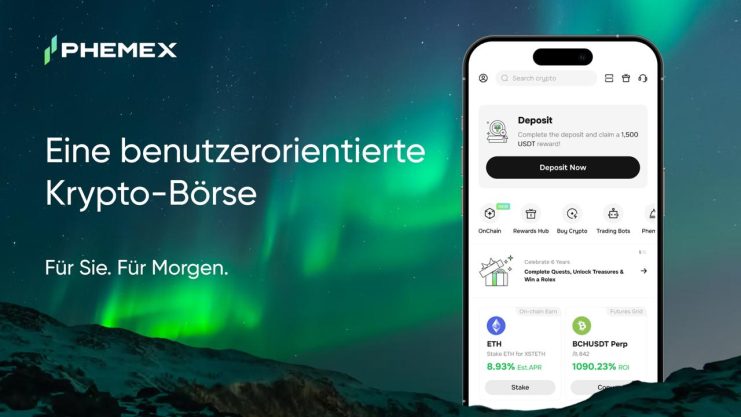 Ein Smartphone zeigt die Benutzeroberfläche der Bitcoin Hyper Kryptowährungshandels-App vor einem Hintergrund aus Nordlichtern und Bergen mit dem Text "Eine benutzerorientierte Krypto-Börse".