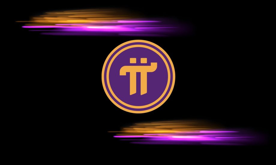 Ein goldenes und lilafarbenes Pi-Logo, das die Kryptowährung Pi repräsentiert, steht in der Mitte eines schwarzen Hintergrunds mit lilafarbenen und orangefarbenen Lichtstreifen darüber und darunter.