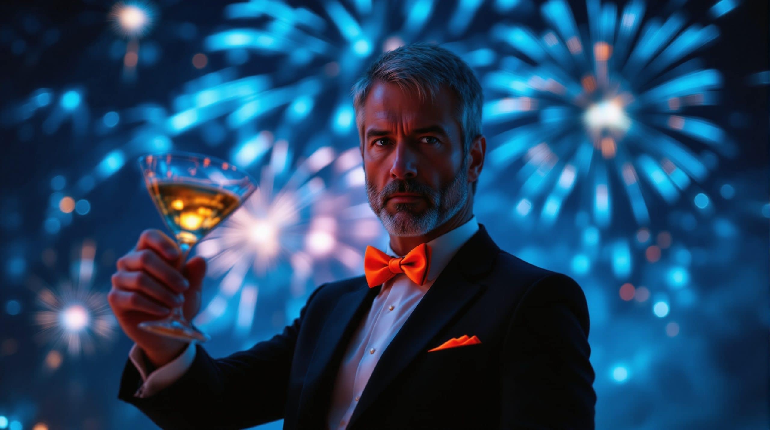 Ein Mann im Smoking mit orangefarbener Fliege hält ein Cocktailglas in die Höhe, während ein buntes Feuerwerk den Nachthimmel erhellt - er feiert wie der Bitcoin-Erfinder selbst.