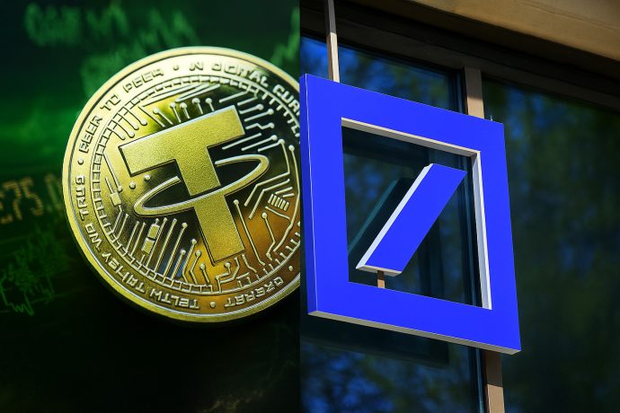 tether-10-milliarden-gewinn-deutsche-bank Eine Nahaufnahme einer Tether-Münze (USDT) erscheint neben dem Logo der Deutschen Bank auf einer Glasfassade und unterstreicht die Präsenz von Tether im globalen Bankwesen.