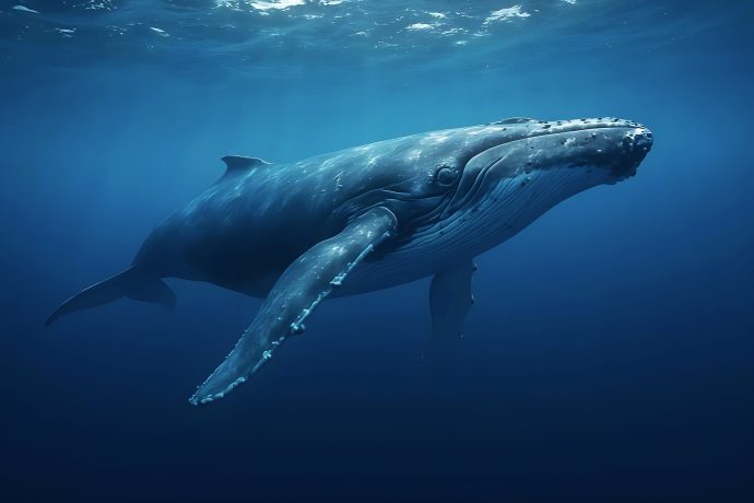 Ein Buckelwal schwimmt unter Wasser im tiefblauen Licht des Ozeans, seine langen Brustflossen und seine strukturierte Haut sind deutlich zu erkennen. Er gleitet mit einer geheimnisvollen Anmut, die an Kryptos stille Stärke erinnert.