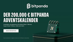 Bitpanda Adventskalender: Täglich neue Challenges und Preise im Wert von 200.000 €. Gewinne 1 Bitcoin oder 2 Tickets für den Super Bowl LX.
