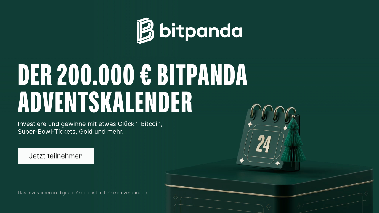 Bitpanda Adventskalender: Täglich neue Challenges und Preise im Wert von 200.000 €. Gewinne 1 Bitcoin oder 2 Tickets für den Super Bowl LX.