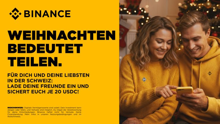 Binance-Weihnachts-Referral-Aktion für die Schweiz: Lade Freunde ein, handle gemeinsam und sichere dir bis zu 400 USDC als Bonus.