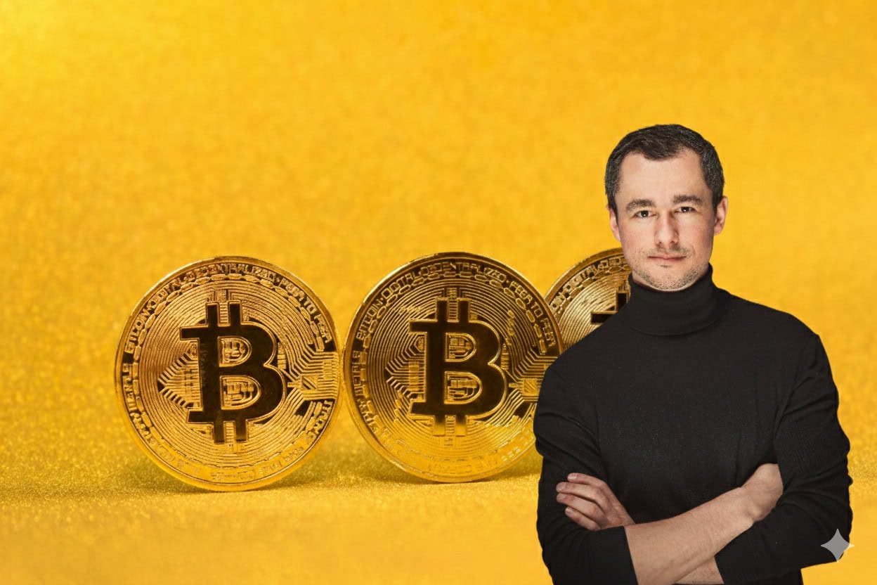 Mehrere Bitcoin-Münzen vor goldenem Hintergrund und einer Person rechtsbündig.