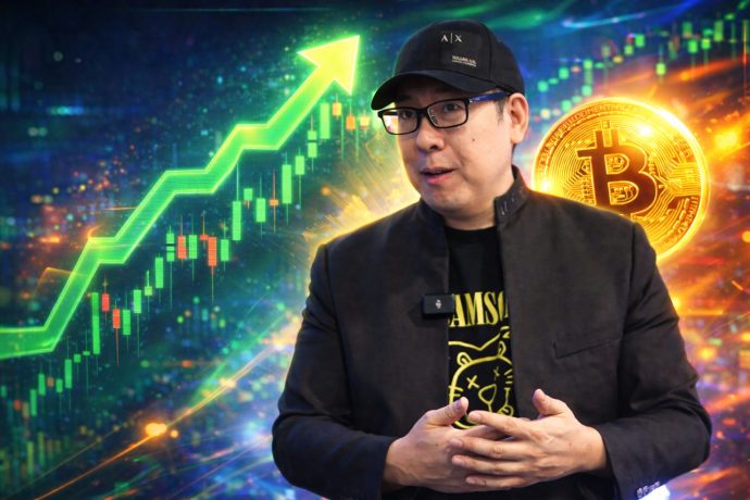 Samson Mow vor einem steigenden Bitcoin-Chartbild