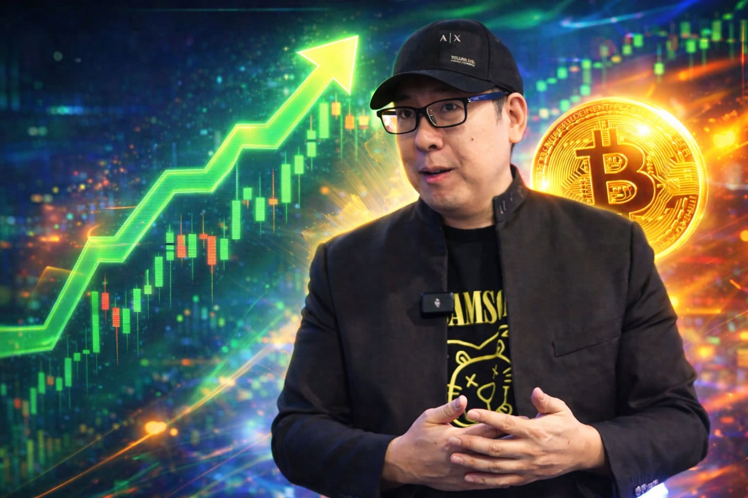 Samson Mow vor einem steigenden Bitcoin-Chartbild