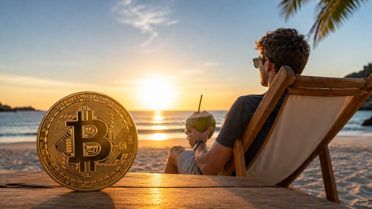 Eine Bitcoin-Münze und ein Typ, der eine Kokosnuss schlürft