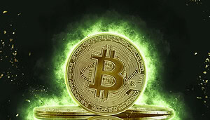 Ein Bitcoin Logo in grünen Flammen
