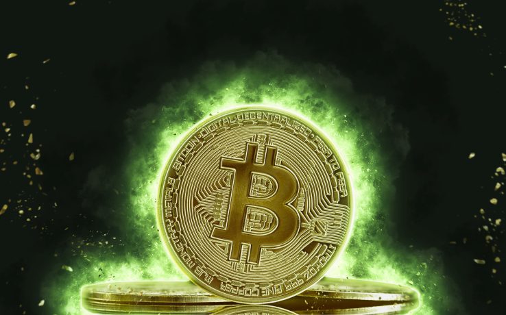 Ein Bitcoin Logo in grünen Flammen