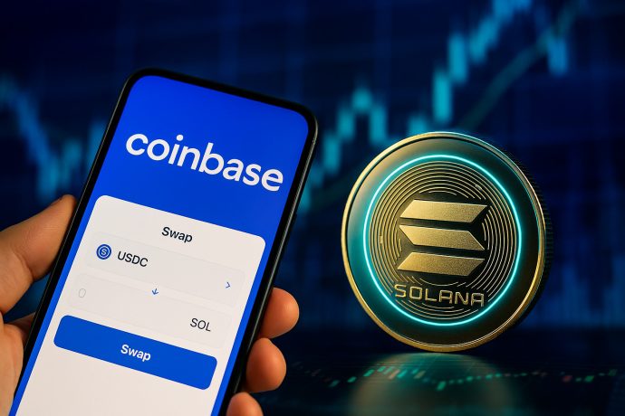 Coinbase Solana DEX Trading – Smartphone zeigt USDC-zu-SOL-Swap neben Solana-Coin vor Chart-Hintergrund