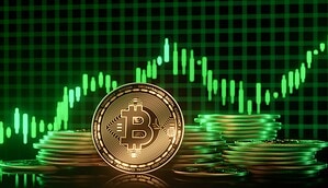 Eine Bitcoin-Münze vor einem Chart mit steigenden Kursen