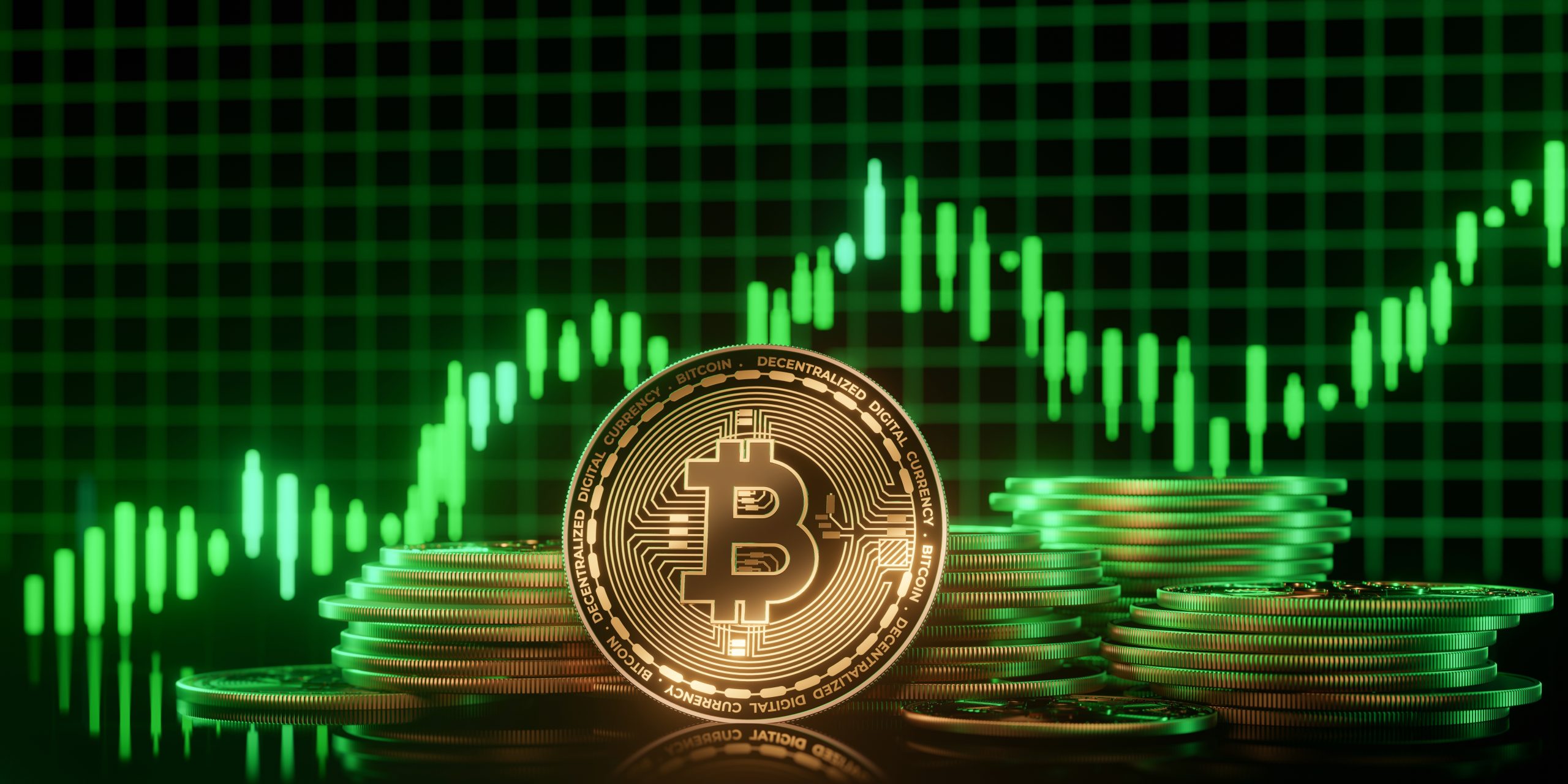 Eine Bitcoin-Münze vor einem Chart mit steigenden Kursen