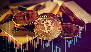 Gold und Bitcoin-Münzen vor einem dynamischen Chartbild
