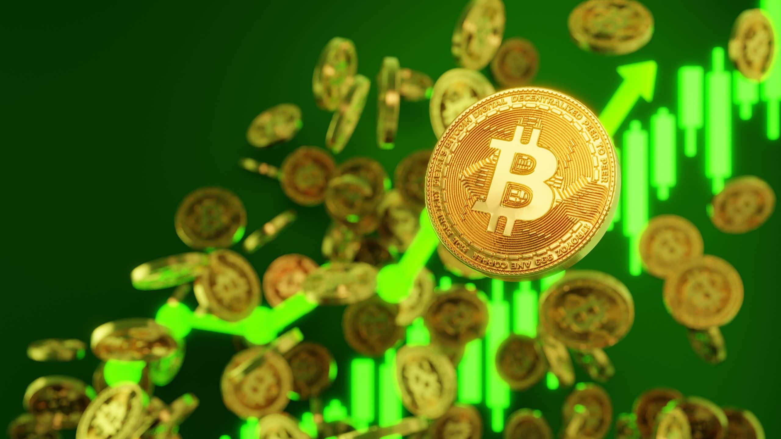 Bitcoin-Münze vor einem grünen Chart