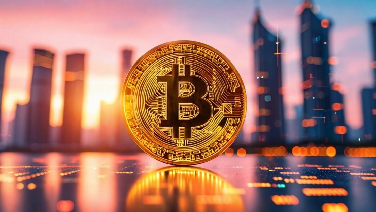 Eine Bitcoin-Münze vor diversen Hochhäusern, Im Hintergrund geht die Sonne unter