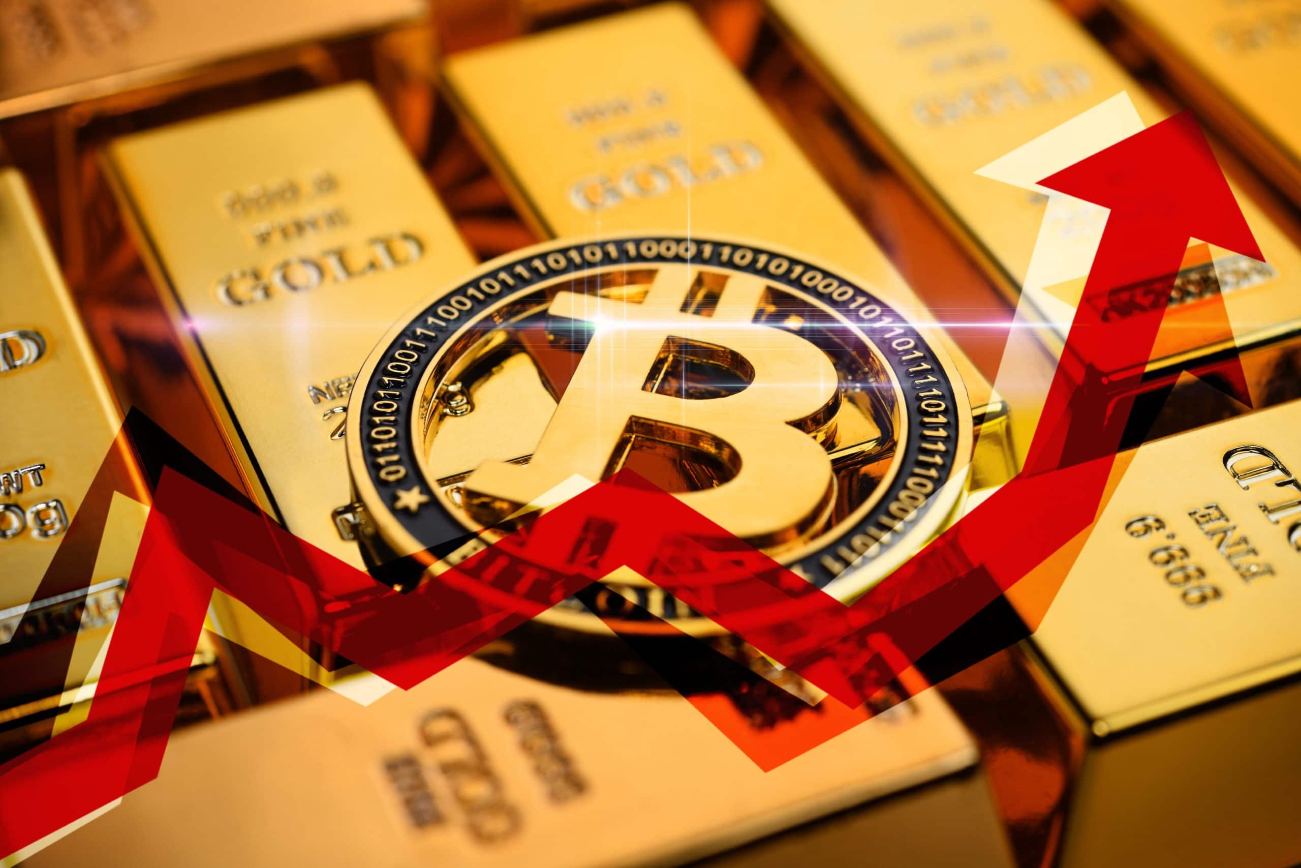 Bitcoin-Münze auf Goldbarren mit steigender Kurskurve, Fotomontage