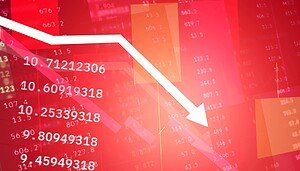 Weißer Abwärtspfeil auf rotem Hintergrund mit Börsenzahlen, die auf einen Rückgang der Finanzmärkte hinweisen.