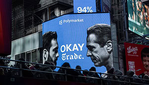 Eine Werbefläche in New York zeigt eine Werbung von Polymarket. Auf ihr stehen sich zwei Personen gegenüber, dazwischen steht "Okay Trade".
