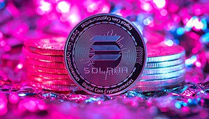 Eine Solana-Kryptowährungsmünze steht aufrecht vor gestapelten Münzen vor einem leuchtenden rosa und blauen Metallhintergrund.