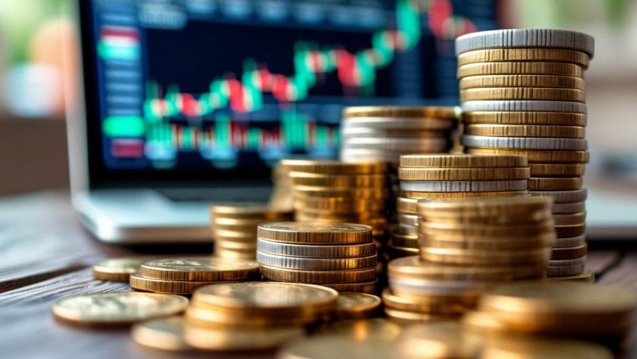 Das Bild zeigt Münzen vor einem Bildschirm mit Kursen