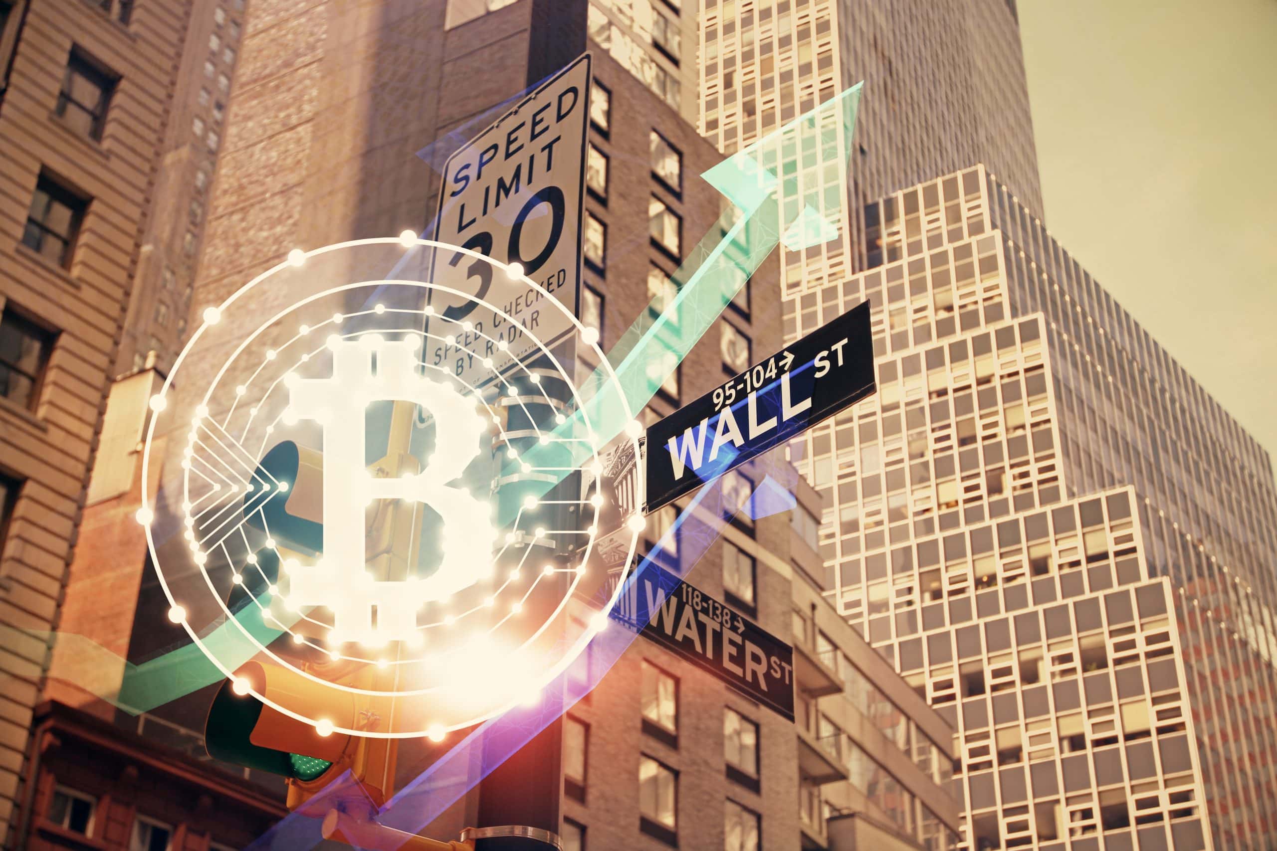 Bitcoin-Symbol vor der Wall Street
