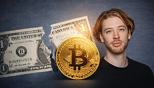 Zu sehen ist eine zerstörte Dollarnote, eine Bitcoin-Münze und David Scheider