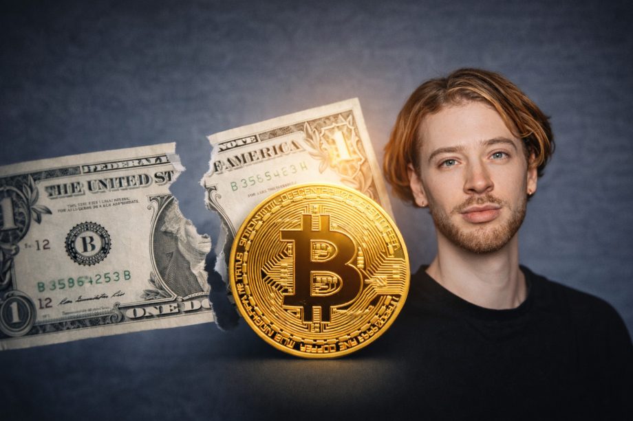 Zu sehen ist eine zerstörte Dollarnote, eine Bitcoin-Münze und David Scheider