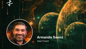 Armando Saenz von Apex Fusion vor visualisiertem Multi-Chain-Blockchain-Hintergrund mit Planetenmotiv