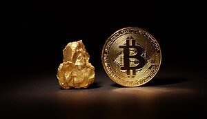 Zu sehen ist Gold und Bitcoin