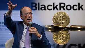 Auf dem Bild sieht man den CEO von BlackRock im marineblauen Anzug. Daneben sind das Firmenlogo und eine Ethereum-Münze zu sehen.