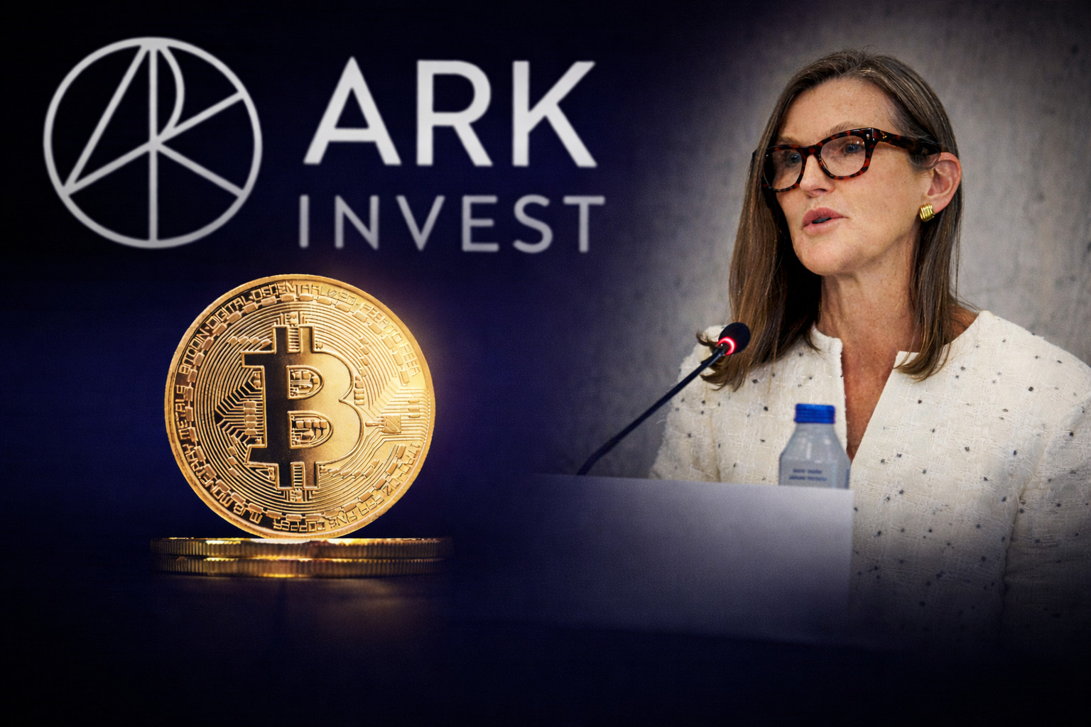 Das Bild zeigt links das Logo von Ark Invest und Bitcoin. Rechts ist die Starinvestorin Cathie Wood zu sehen.