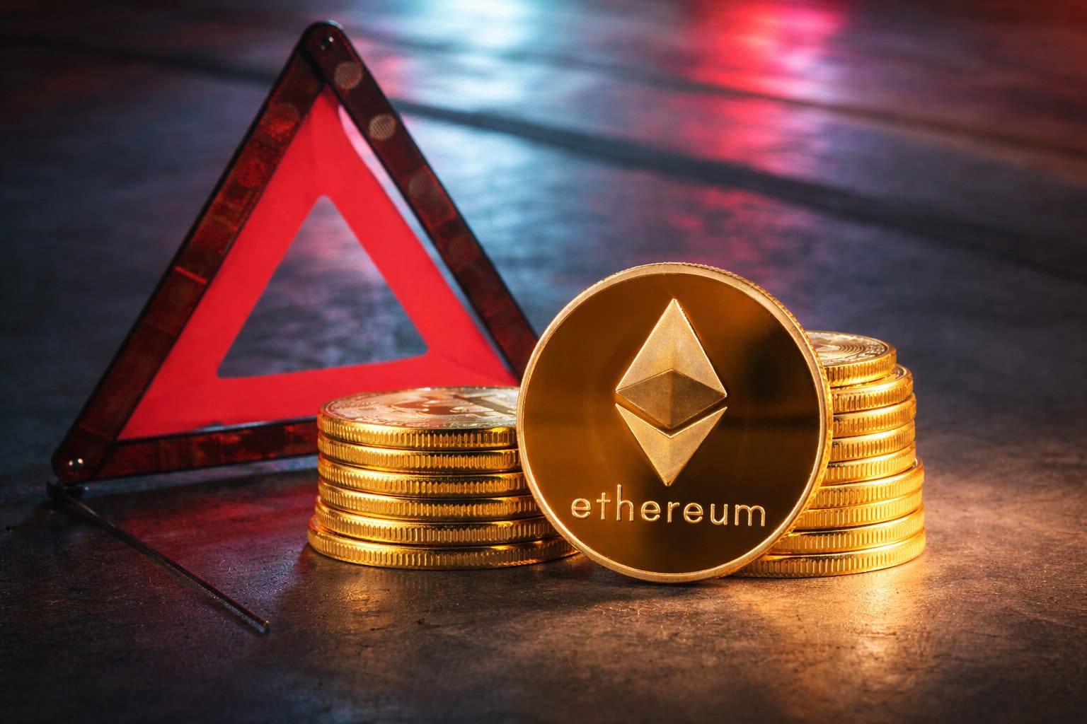 Ein Warndreieck ist neben einem Stapel Ethereum-Münzen zu sehen.