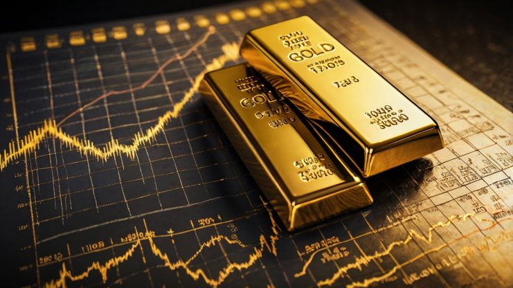 Tokenisiertes Gold mit Goldbarren vor Kurschart auf digitalem Finanzhintergrund