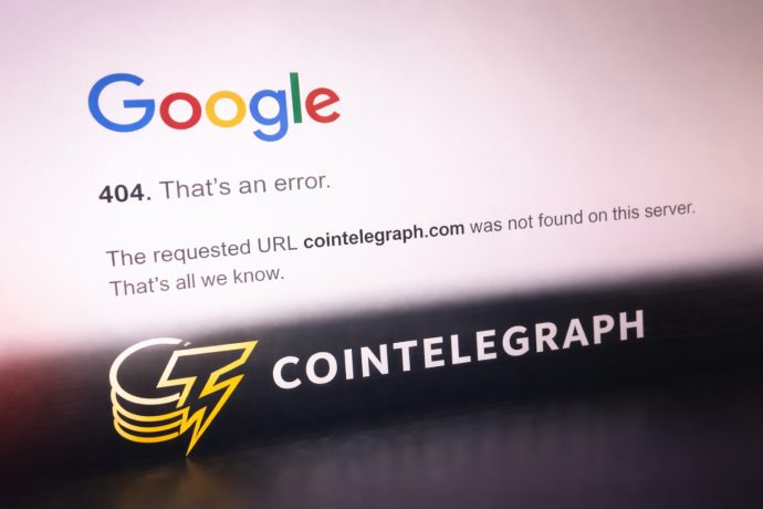 Eine Google-Suchmaske zeigt eine Fehlermeldung 404 an. Die Seite Cointelegraph konnte nicht gefunden werden