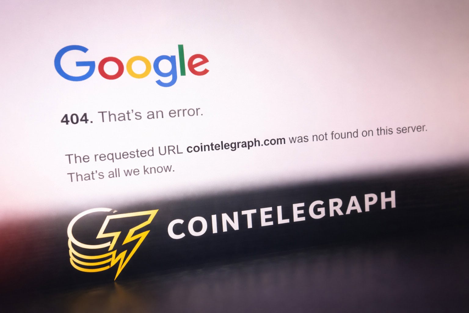 Eine Google-Suchmaske zeigt eine Fehlermeldung 404 an. Die Seite Cointelegraph konnte nicht gefunden werden