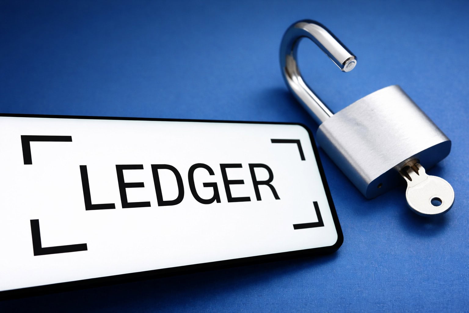 Das Logo von Ledger auf einem Smartphone-Bildschirm. Daneben ist ein geöffnetes Vorhängeschloss zu sehen.